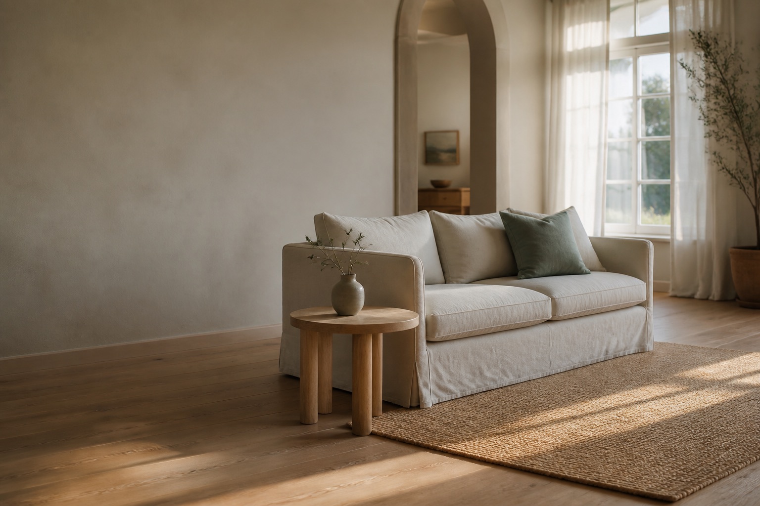 A tidy, sunlit living room with a linen sofa and long afternoon shadows across the floor